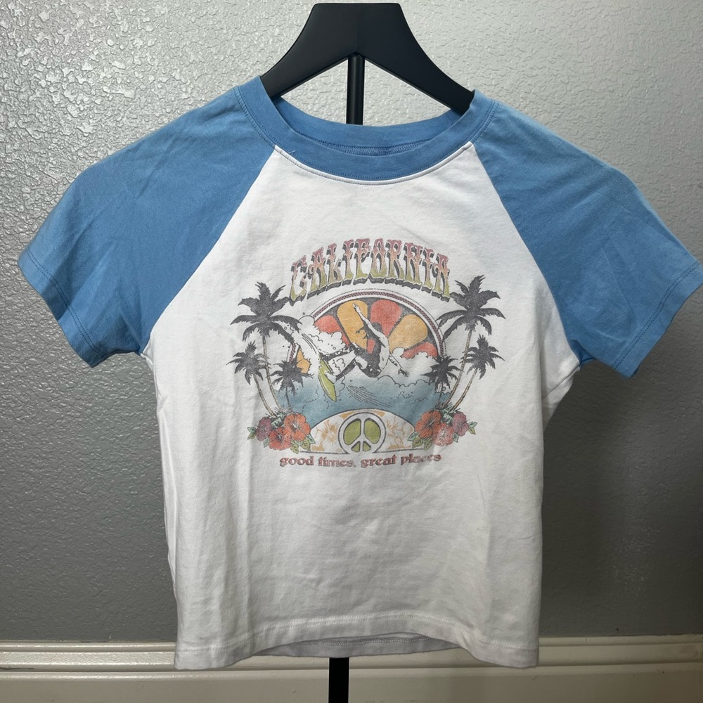 Hollister Blue and White Crop Top with Retro Graphic